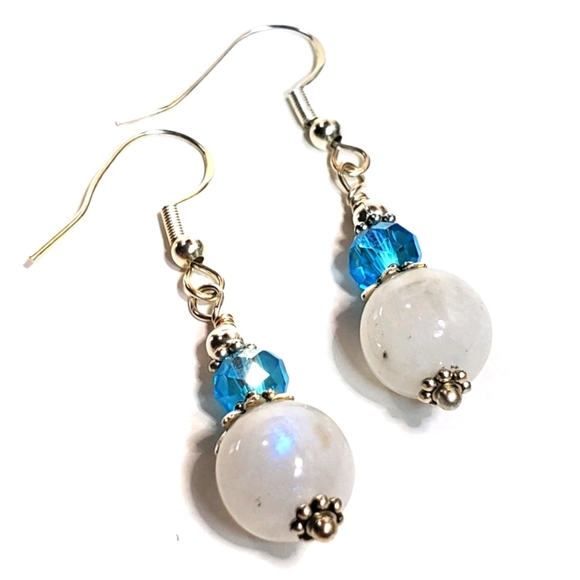 Moonstone and Aqua Crystal Drop Earrings - Picture 1 of 8
